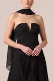 Strapless Black Pleated A Line Long Formal Dress with Scarf