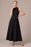 Black High Neck A Line Midi Formal Dress with 3D Flowers