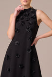 Black High Neck A Line Midi Formal Dress with 3D Flowers