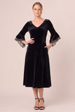 Velvet V-Neck Black A Line Midi Dress with 3/4 Sleeves