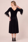 Velvet V-Neck Black A Line Midi Dress with 3/4 Sleeves