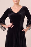 Velvet V-Neck Black A Line Midi Dress with 3/4 Sleeves