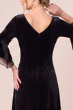 Velvet V-Neck Black A Line Midi Dress with 3/4 Sleeves