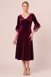 Velvet V-Neck Black A Line Midi Dress with 3/4 Sleeves