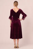 Velvet V-Neck Black A Line Midi Dress with 3/4 Sleeves