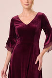 Velvet V-Neck Black A Line Midi Dress with 3/4 Sleeves