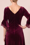 Velvet V-Neck Black A Line Midi Dress with 3/4 Sleeves