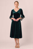 Velvet V-Neck Black A Line Midi Dress with 3/4 Sleeves