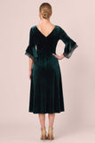 Velvet V-Neck Black A Line Midi Dress with 3/4 Sleeves