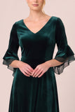 Velvet V-Neck Black A Line Midi Dress with 3/4 Sleeves