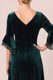 Velvet V-Neck Black A Line Midi Dress with 3/4 Sleeves