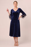Velvet V-Neck Black A Line Midi Dress with 3/4 Sleeves