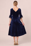 Velvet V-Neck Black A Line Midi Dress with 3/4 Sleeves