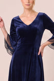 Velvet V-Neck Black A Line Midi Dress with 3/4 Sleeves
