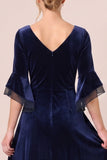 Velvet V-Neck Black A Line Midi Dress with 3/4 Sleeves