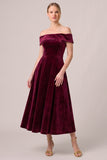 Off the Shoulder Burgundy A Line Velvet Midi Dress
