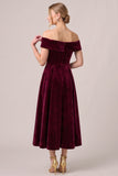 Off the Shoulder Burgundy A Line Velvet Midi Dress