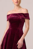 Off the Shoulder Burgundy A Line Velvet Midi Dress