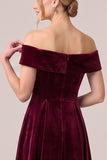 Off the Shoulder Burgundy A Line Velvet Midi Dress