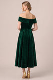 Off the Shoulder Burgundy A Line Velvet Midi Dress