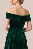 Off the Shoulder Burgundy A Line Velvet Midi Dress