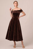 Off the Shoulder Burgundy A Line Velvet Midi Dress