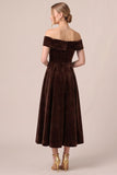 Off the Shoulder Burgundy A Line Velvet Midi Dress