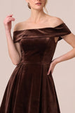 Off the Shoulder Burgundy A Line Velvet Midi Dress