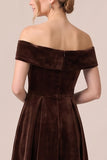 Off the Shoulder Burgundy A Line Velvet Midi Dress