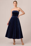 Black Strapless Velvet A Line Midi Formal Dress