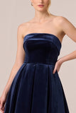 Black Strapless Velvet A Line Midi Formal Dress