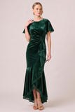 Dark Green Mermaid Ruffled High-Low Vlevet Formal Dress with Sash