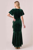 Dark Green Mermaid Ruffled High-Low Vlevet Formal Dress with Sash