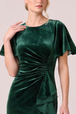 Dark Green Mermaid Ruffled High-Low Vlevet Formal Dress with Sash