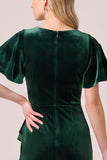 Dark Green Mermaid Ruffled High-Low Vlevet Formal Dress with Sash