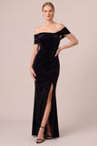 Black and White Off the Shoulder Velvet Formal Dress with Slit