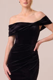 Black and White Off the Shoulder Velvet Formal Dress with Slit