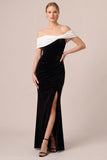 Black and White Off the Shoulder Velvet Formal Dress with Slit