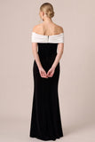 Black and White Off the Shoulder Velvet Formal Dress with Slit