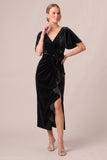 Black V-Neck Ruched Ruffled 3D Flower Velvet Dress with Slit
