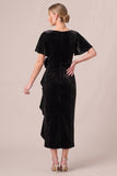 Black V-Neck Ruched Ruffled 3D Flower Velvet Dress with Slit