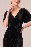 Black V-Neck Ruched Ruffled 3D Flower Velvet Dress with Slit