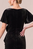 Black V-Neck Ruched Ruffled 3D Flower Velvet Dress with Slit