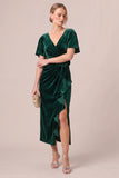 Black V-Neck Ruched Ruffled 3D Flower Velvet Dress with Slit
