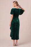 Black V-Neck Ruched Ruffled 3D Flower Velvet Dress with Slit