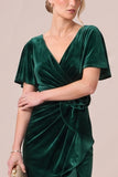 Black V-Neck Ruched Ruffled 3D Flower Velvet Dress with Slit