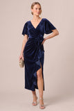 Black V-Neck Ruched Ruffled 3D Flower Velvet Dress with Slit