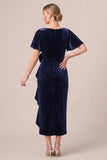 Black V-Neck Ruched Ruffled 3D Flower Velvet Dress with Slit