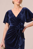 Black V-Neck Ruched Ruffled 3D Flower Velvet Dress with Slit