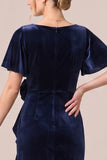 Black V-Neck Ruched Ruffled 3D Flower Velvet Dress with Slit